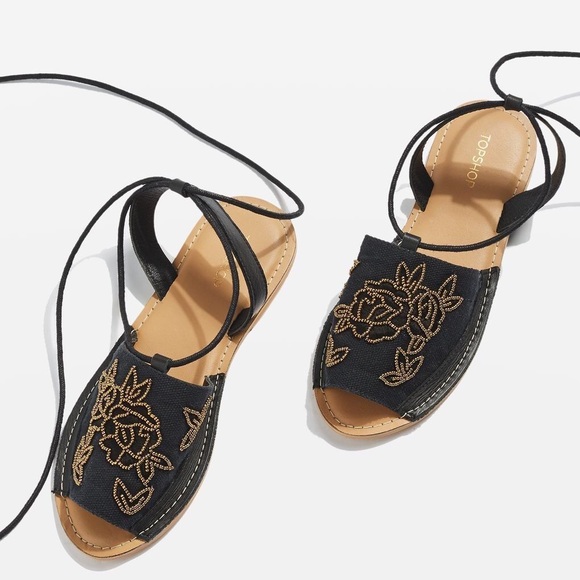 Topshop Shoes - NWT Topshop Beaded Floral Wrap Sandals